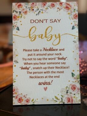 Don't Say Baby Game Sign - Floral Pink and Gold Baby Shower Party Favor